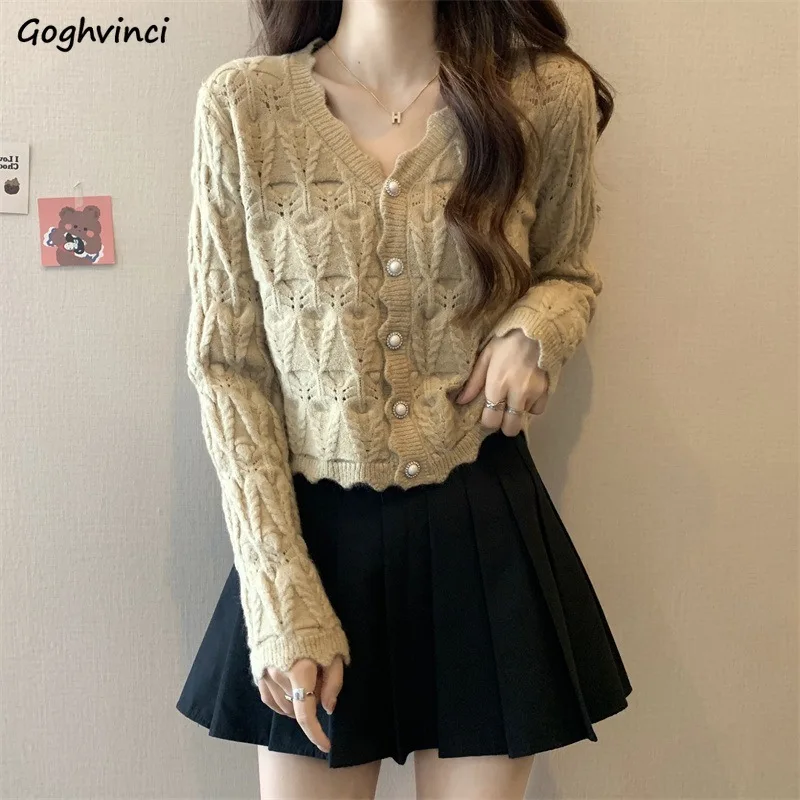 

V-neck Cardigan Women Chic Vintage Korean Outwear Autumn Newly Trendy Casual Coats Simple All-match Loose Gentle Solid Jacquard