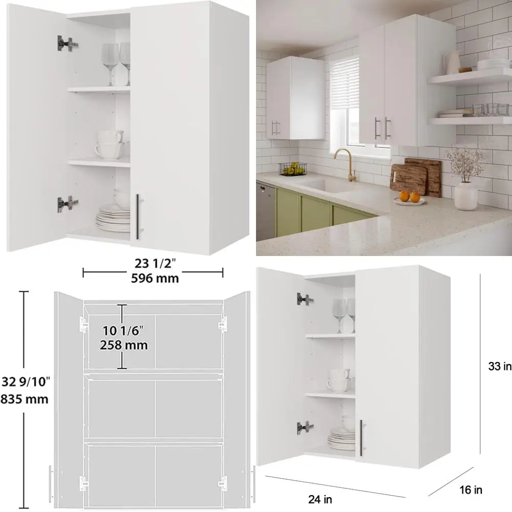مجموعة خزانة تخزين خشبية مثبتة على الحائط للمطبخ، مقاس 24 × 33 بوصة، باب مزدوج مع إغلاق ناعم ومقابض معدنية #1