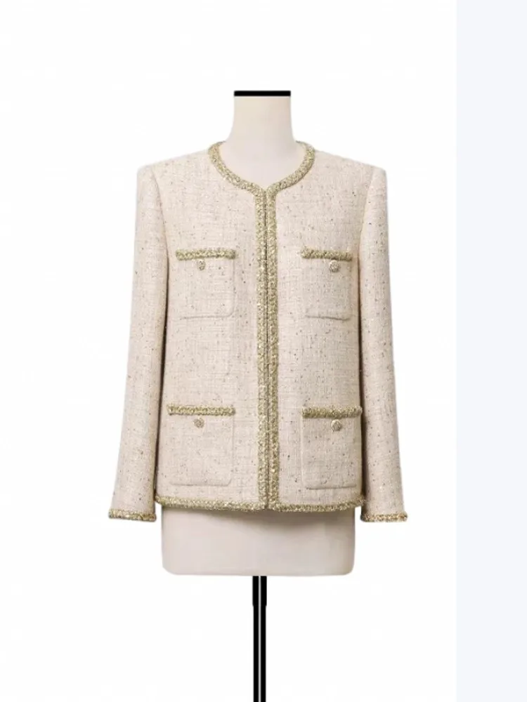 Leisure Women O Neck Tweed Jacket Sequin Multi Pocket Party Coats Chic Work Ladies Long Sleeve Jackets Single-breasted Outerwear