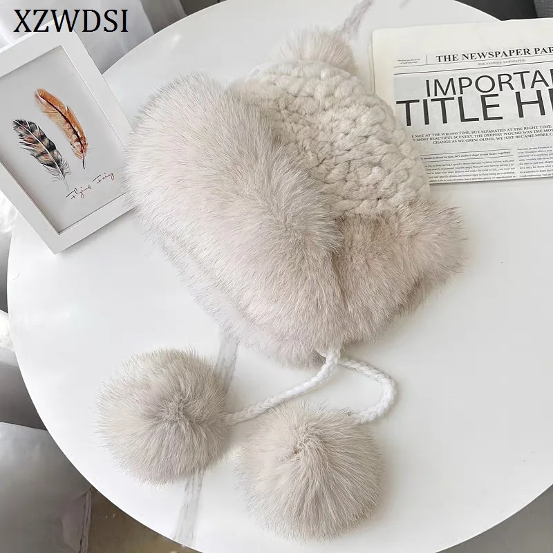 New Style Luxury Knitted Real Genuine Fox Fur Hats Women Beanies Solid Rex Rabbit Fur Caps Winter Lady Fashion Fur Skullies Hat