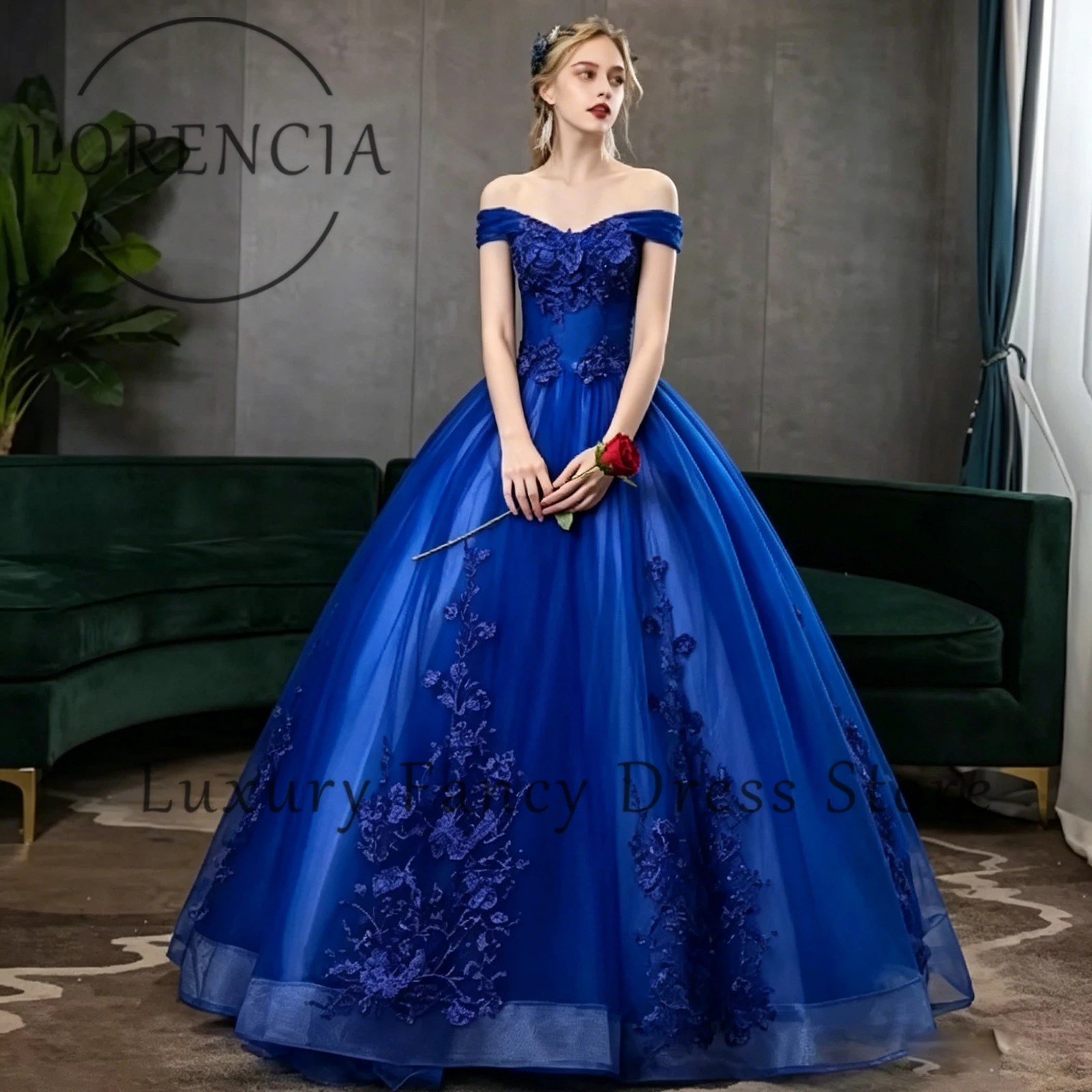 Elegant Off Shoulder Sweetheart 3D Floral A-Line Quinceanera Dress Sweet 16 Birthday Party Gowns Customized vestido 15 años azul