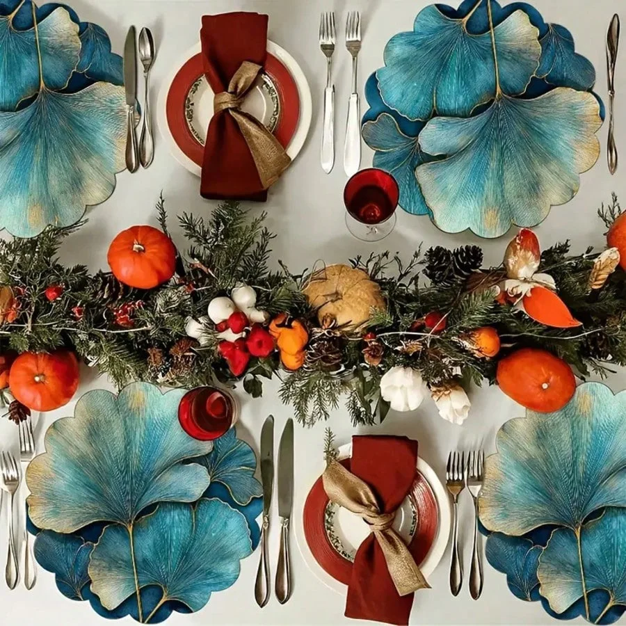 2/4 PIECES Blue Almond Leaf Table Mats - Washable, Anti-Slip, Heat-Resistant - Round Table Mats for Parties and Home Use