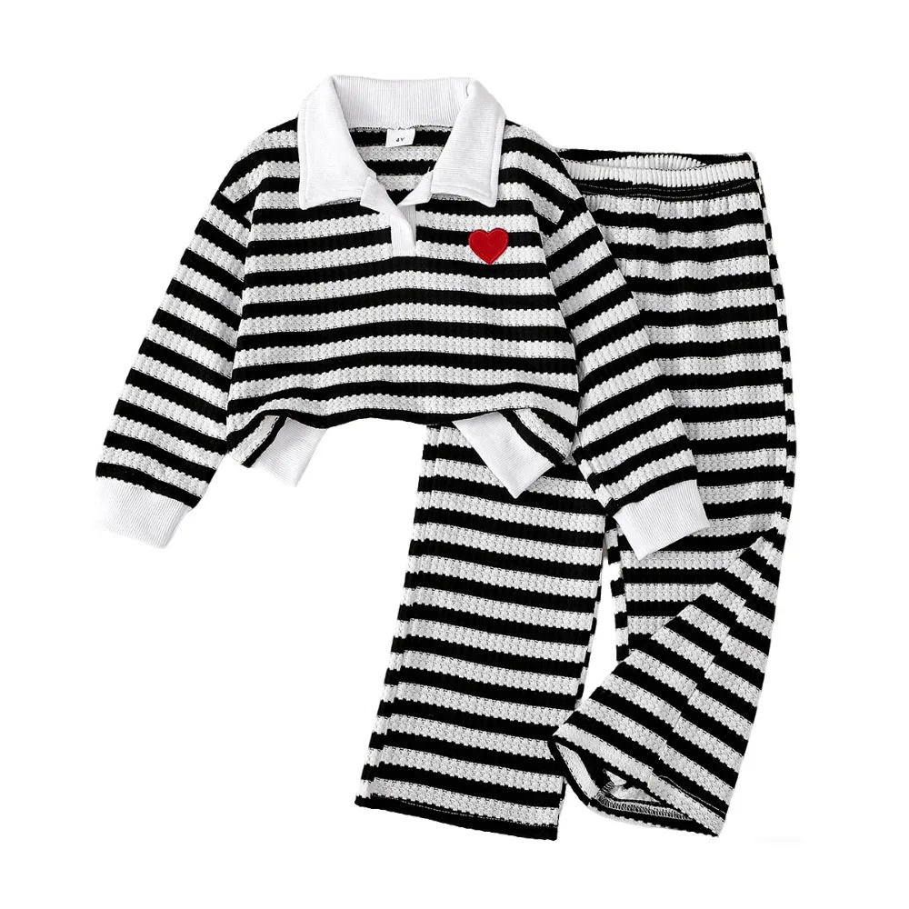 New Arrival Girls Black White Striped Polo Neck Long Sleeve 2 Piece Set Korean Style Short Top Fall Winter Outfits  Young Girls