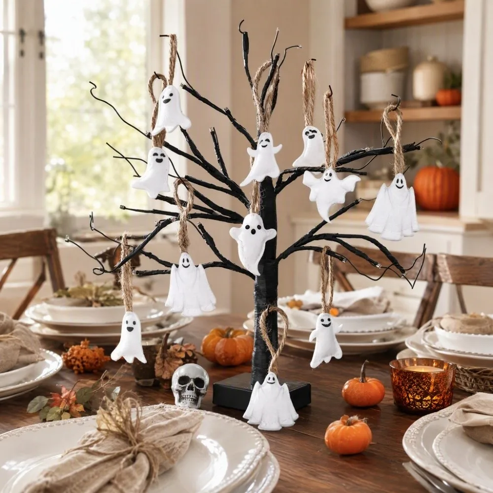 24PCS Ghost Venue Layout Halloween Ghost Hanging Decoration Halloween Party Hangable Halloween Ornament Felt White Ghost 24PCS