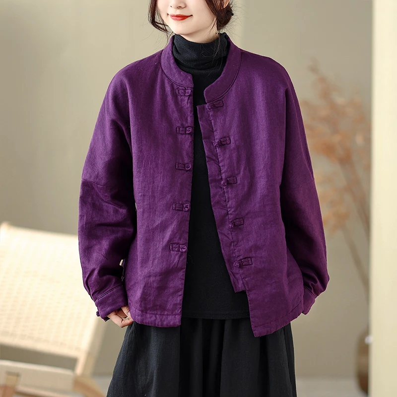 YZJNH 2026 Winter New Cotton Jacket Women's New National Style Purple Pan Button Round Neck Lightweight Cotton Jacket