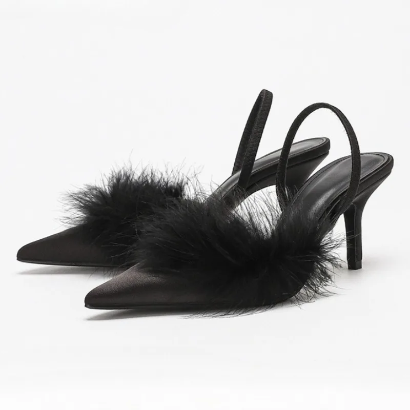 

Fluffy Satin Sexy Designer High-heeled Sandals for Women Pointed Toe Mules Slippers Slingback Pumps Luxury Banquet Party Shoes