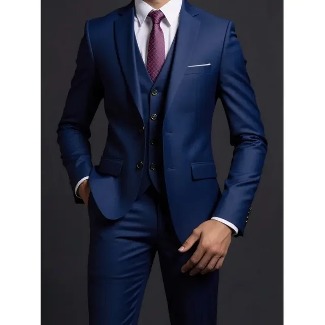 Suit (Blazer+ Vest + Trousers) Men's Fashionable Gentleman Business British Style Solid-color Banquet Host Casual Wedding Suit 3