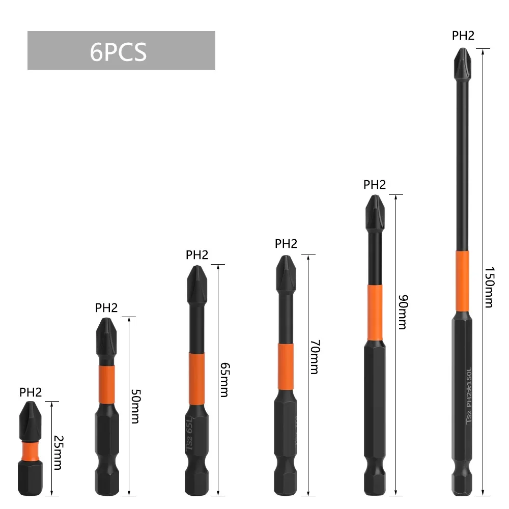 4/6PCS Orange S2 Impact Magnetic Anti-Slip Cross Screwdriver Bits Set 50-70mm Strong Hand Drill Bit Electric Tool Accessories