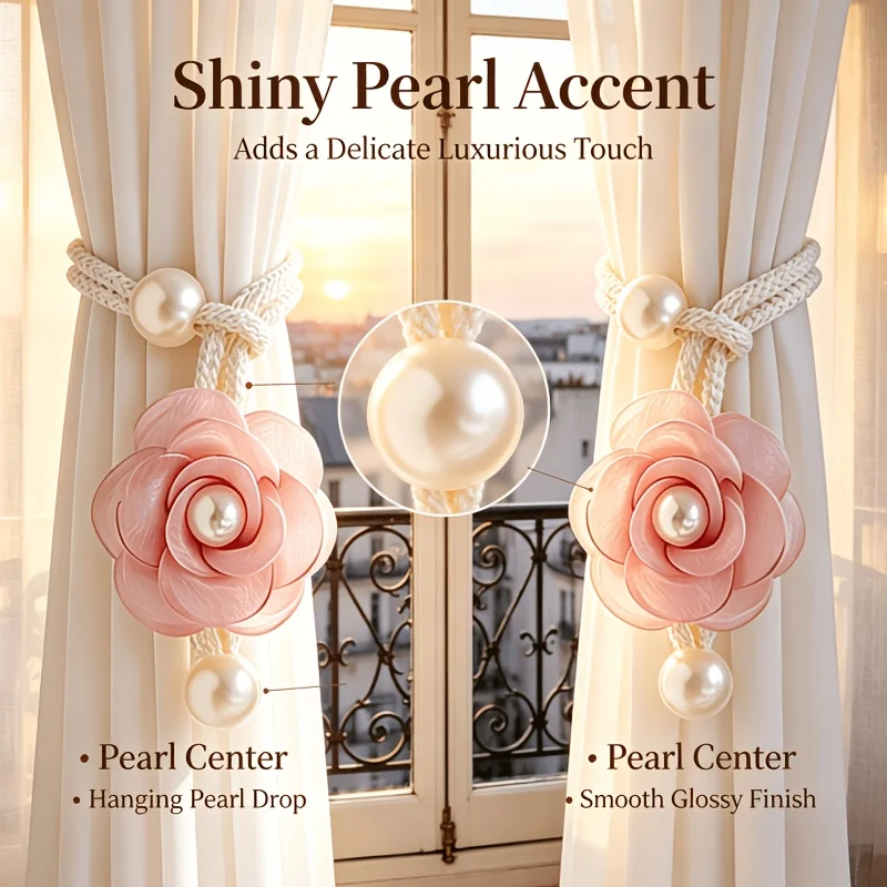2pcs Bohemian Style 3D Floral Curtain Tie-Backs, Pearl Embellished Adjustable Curtain Clips, Light Luxury Home Drapery Bundles