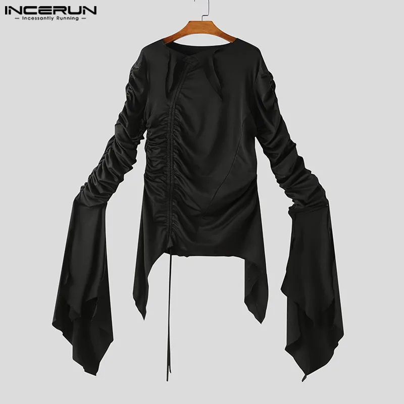 INCERUN Tops 2024 American Style New Men Pleated Long Ribbon Design T-shirts Fashion Solid All-match Long Sleeved Camiseta S-5XL