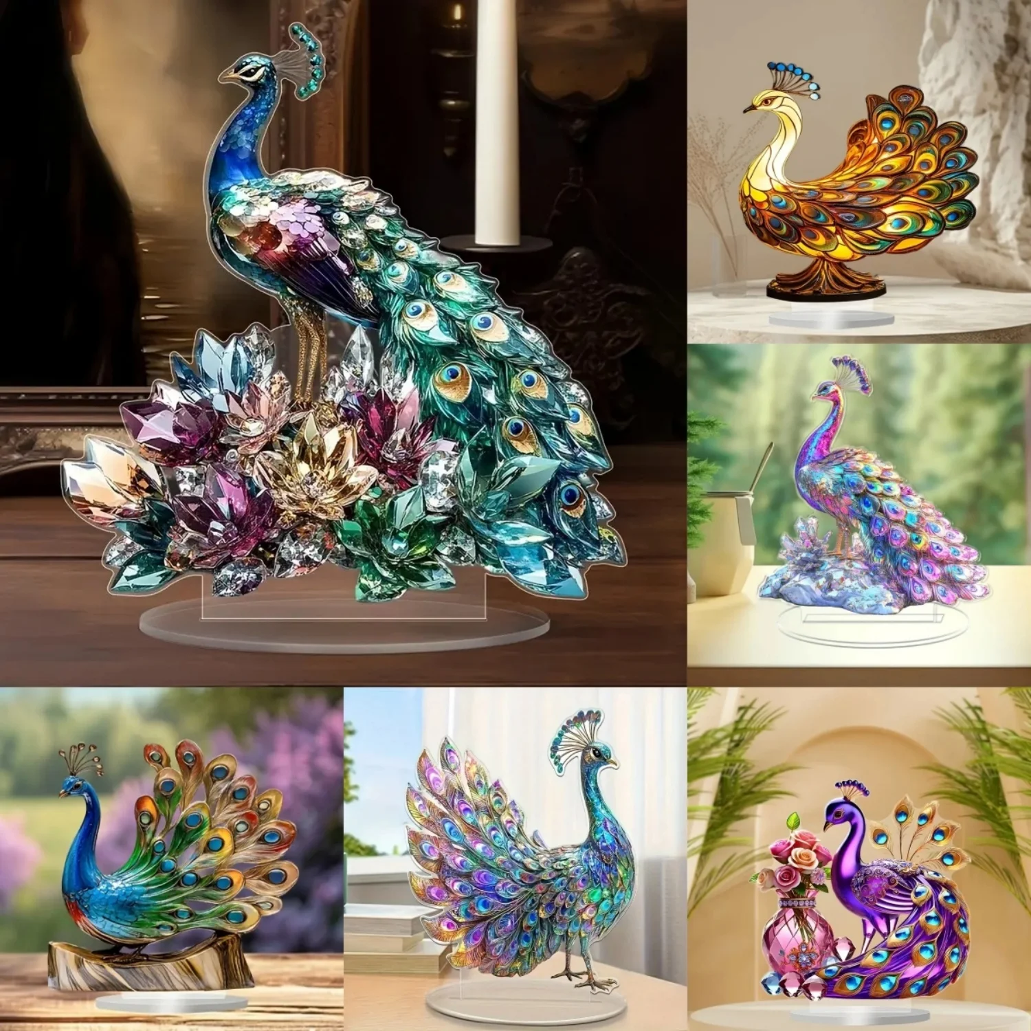 Noble Peacock Statue, 2D Flat Acrylic Figurine,Home,Office,Cafe,room,Studio,display Case,Table Ornament Desktop Decor Kit