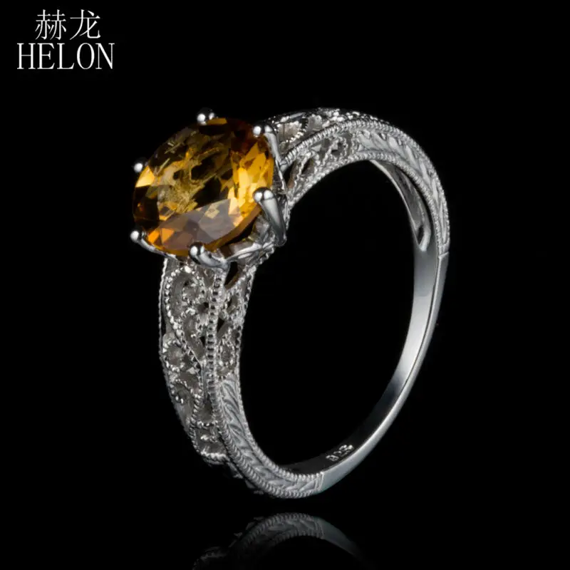 

HELON Solid 18k 14k 10k White Gold 8MM Round 100% Genuine Natural Citrine Engagement Ring Women Vintage Trendy Fine Jewelry Gift