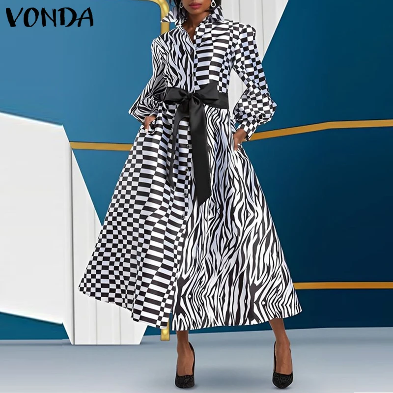 

Плюс размер VONDA женское элегантное платье-рубашка 2024, женский офисный сарафан с длинным рукавом, повседневный воротник с лацканами и принтом, вечерние Vestidos Femme
