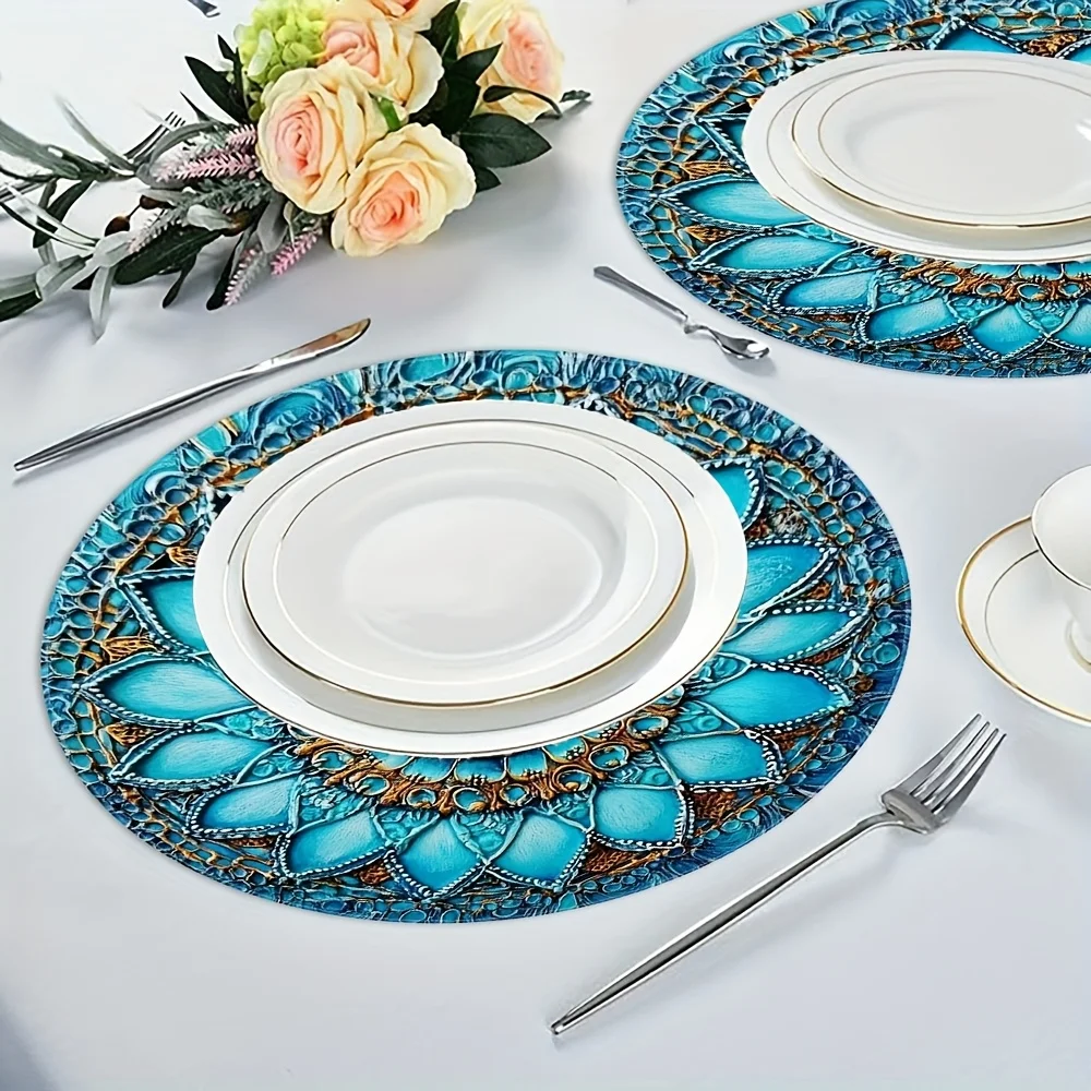 VIKAMA 4-Piece European Vintage Blue and Gold Placemat Set Banquet Table Decor Accessories Holiday Gathering Restaurant Decor