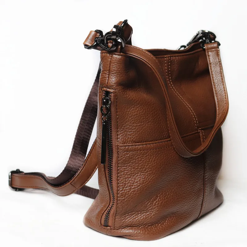 Women Casual Genuine Leather Crossbody Bags Dark Brown Zip Adjustable Strap Bucket Shoulder Bag Commute Purses Handbag For Women