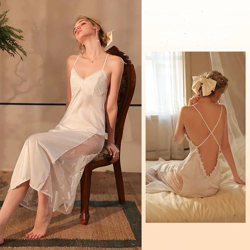 Women Silk Satin Lace Nightgown With Robes 2PCS Set for Women Long Sleeve Mesh Robe Sets 2 Piece Soft Full Length Sleepwear Sets - Image 6