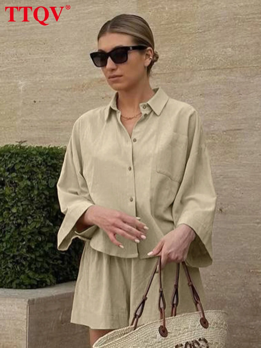 TTQV Fashion Loose Khaki Cotton 2 Pieces Set For Woman 2026 Elegant Long Sleeve Shirt With High Waist Shorts Set Female Clothing