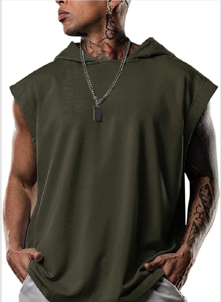 2023 Hooded Solid Color New Men\'s Casual Pullover Sports Men\'s T-shirt Sleeveless Men\'s Waistcoat Loose