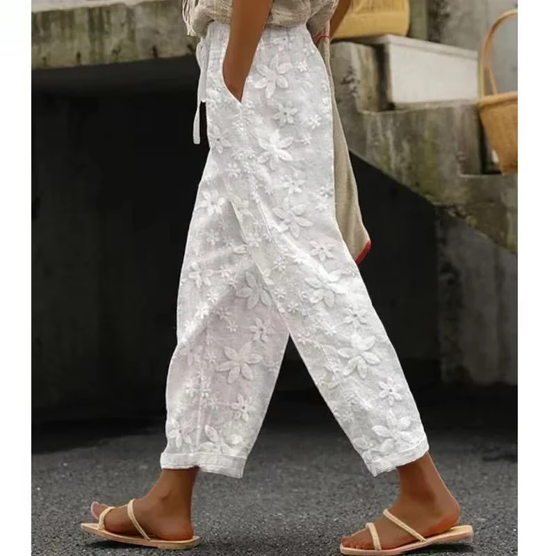 Fashion Casual Cotton Embroidered Ankle-length Pants Women Lace-Up Elegant Sweet Elastic Waist Pants Streetwear Trousers 26162