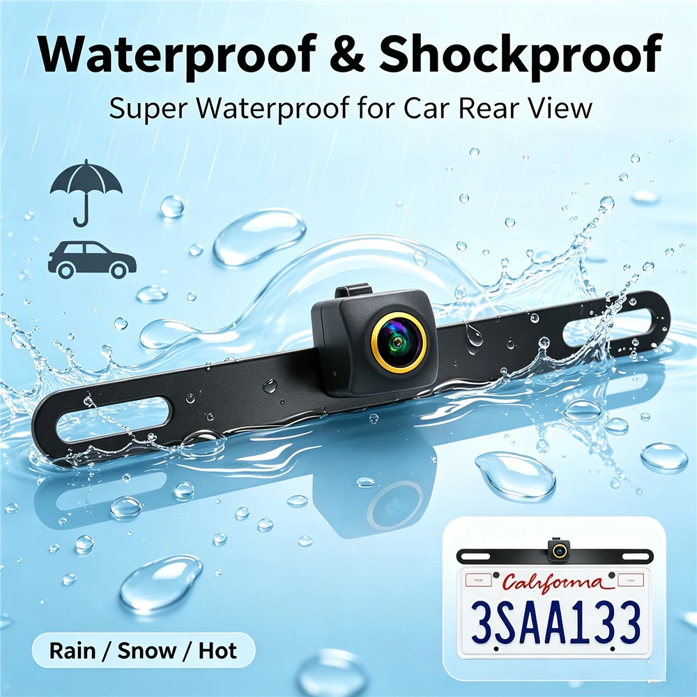 Waterproof AHD1080P Car License Plate Rearview Camera 180 Degree Fisheye Camera Switchable Front/Rear View Parking Assist Revers