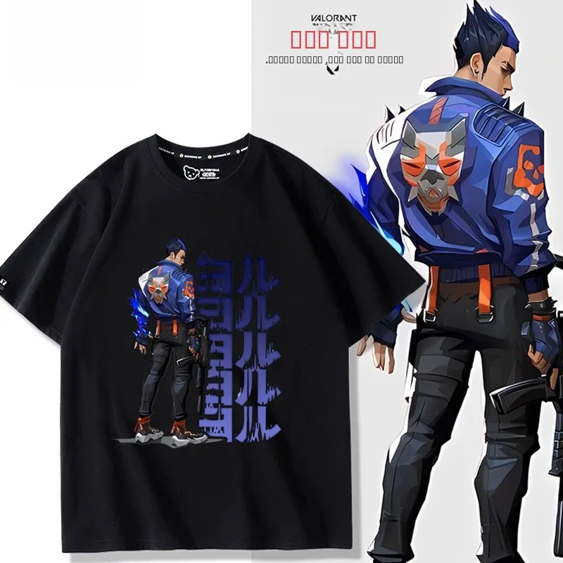 

ex Summer Pure Cotton ort Sve T-irt Valorant Night Dew Print Casual Breathable round Ne Top for All Ages