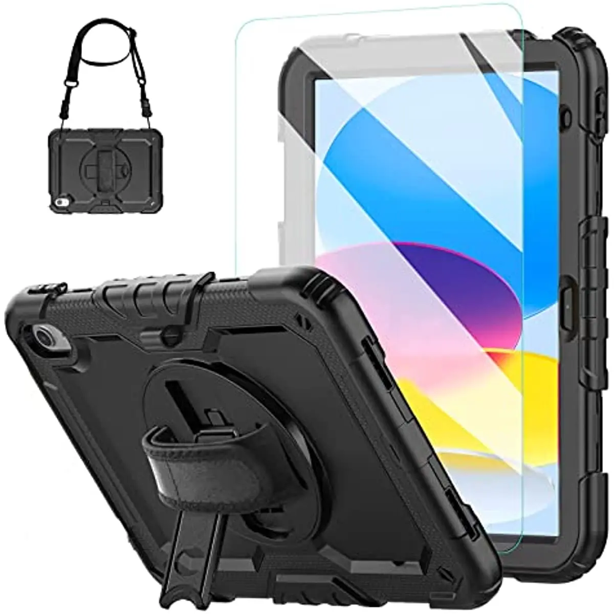 iPad 10th Generation Case  10.9 Inch with Tempered Glass Screen Protector & Pencil Holder with Stand Hand Shoulder Strap,Black