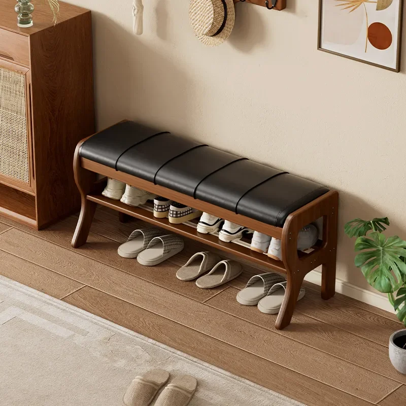 Solid Wood Entryway Shoe Cabinet with Integrated Stool Household Door Storage Bench Shoe Changing Seat for Small Apartment