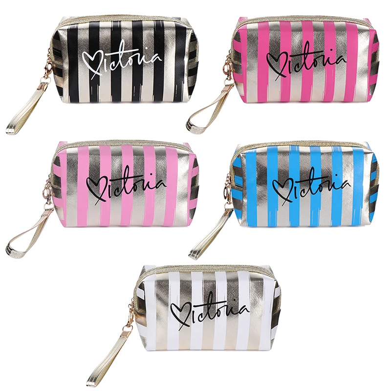 Bolsa de maquillaje portátil a rayas, Bolso pequeño de mano de alta belleza, Mini bolsa de almacenamiento de cosméticos portátil, bolso impermeable para mujer