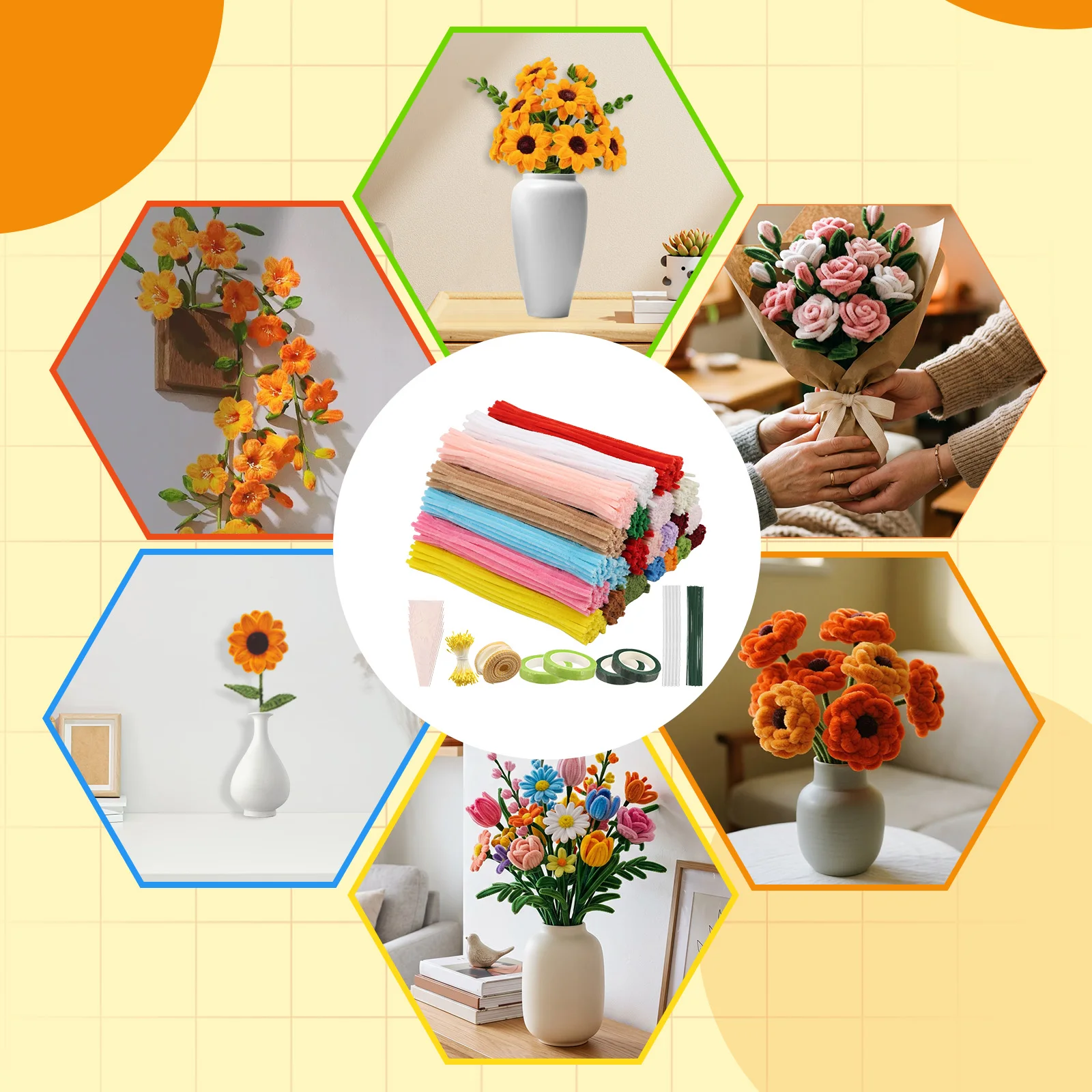 Colorful Pipe Cleaners Plush Stem Wired Twist Sticks Pipe Cleaner Flower Making Kit with Hot Glue Stick Flower Handmade Craft view 5
