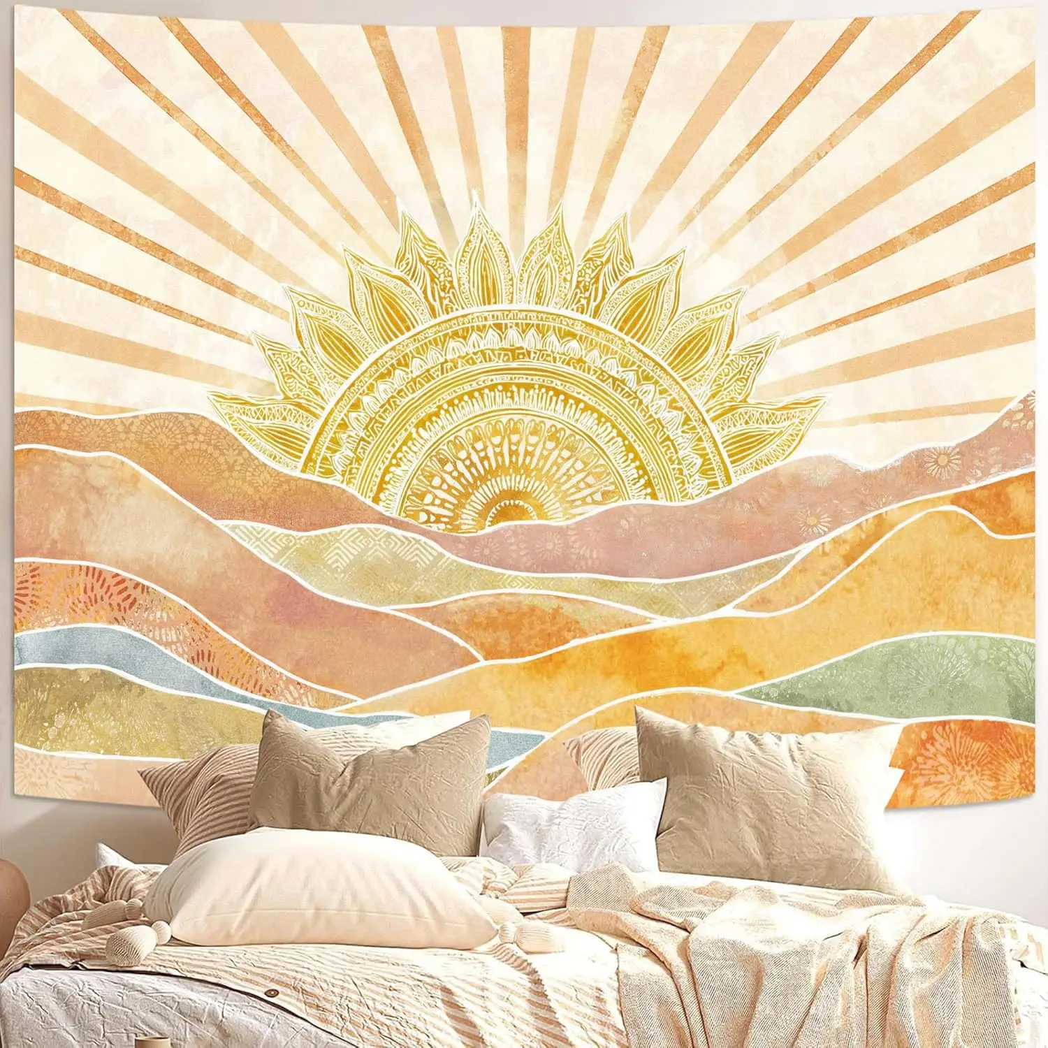 Boho Sun Tapestry, Abstract Retro 70s Mountain Wall Art, Vintage Sunrise Tapestries for Bedroom Living Room Dorm Decor,Yellow