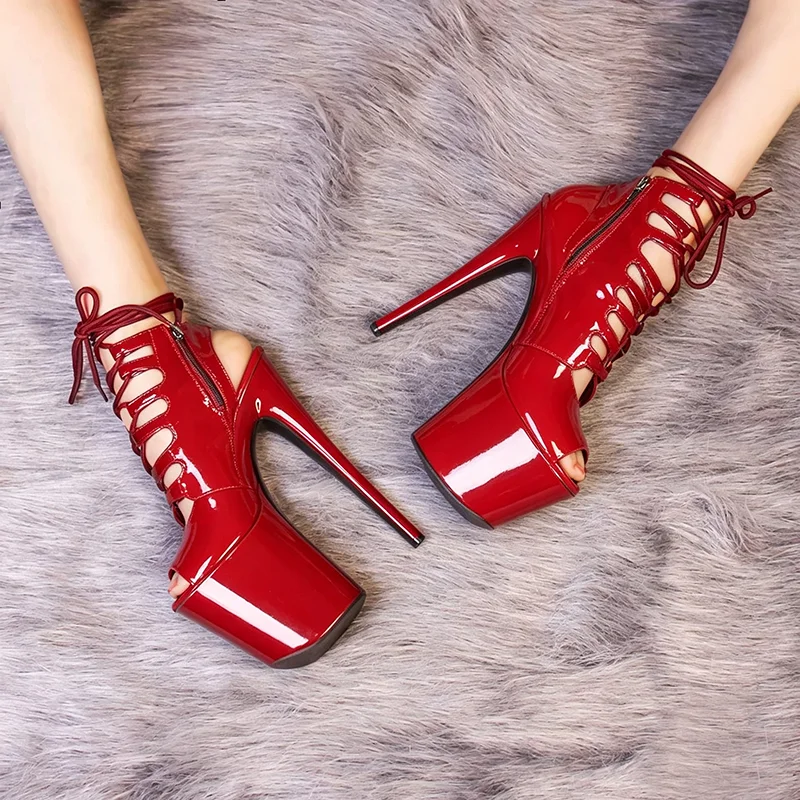 Botas de tacón alto de 20 cm con plataforma, punta abierta, cordones y estilo stiletto, de charol rojo, para mujer, para baile en barra, discoteca, escenario, bailarina exótica, fiesta.