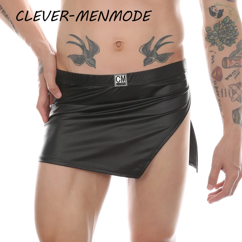 Sexy PU Side Opening Skirt Men\'s Faux Leather Boxer Shorts Elasticity Fashion Mini Slit Skirt Soft Leather Erotic Lingerie