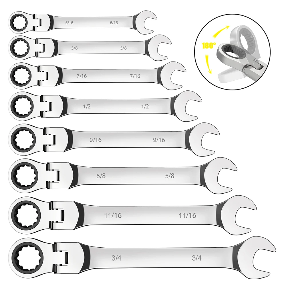 SAE Flex-Head Ratcheting Combination Wrench Set - Premium 72-Teeth Gear Chrome Vanadium Nickel Plated，Ratcheting Combination Wre