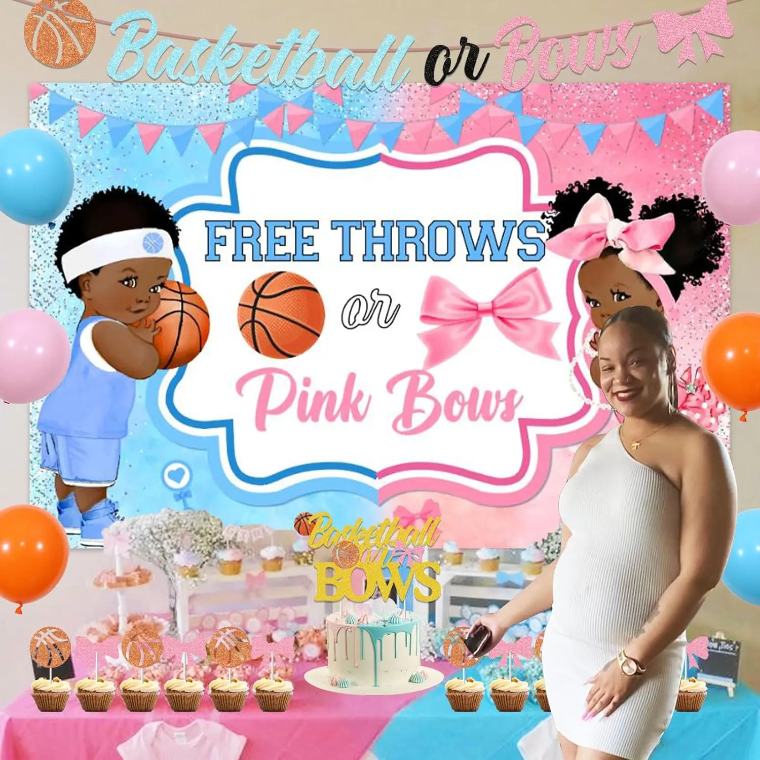 Funmemoir Basketball or Bows Gender Reveal Decorations Free Throws or Pink Bows Backdrop Banner Cupcake Toppers Party Supplies