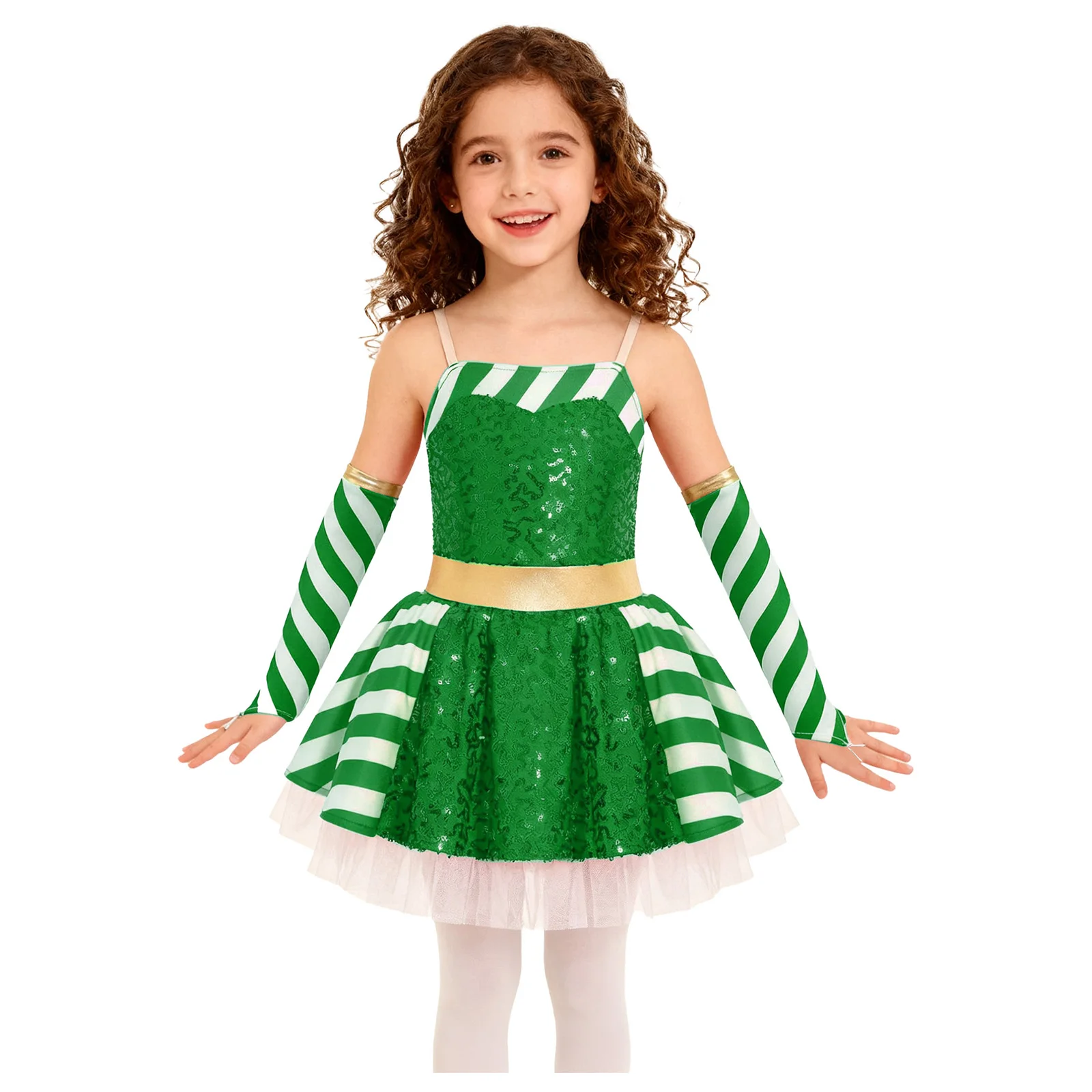 Girls Christmas Ballet Dance Figure Skating Dress Shiny Sequin Striped Tutu Leotard with Sleeves Holiday Carnival Party Costume
