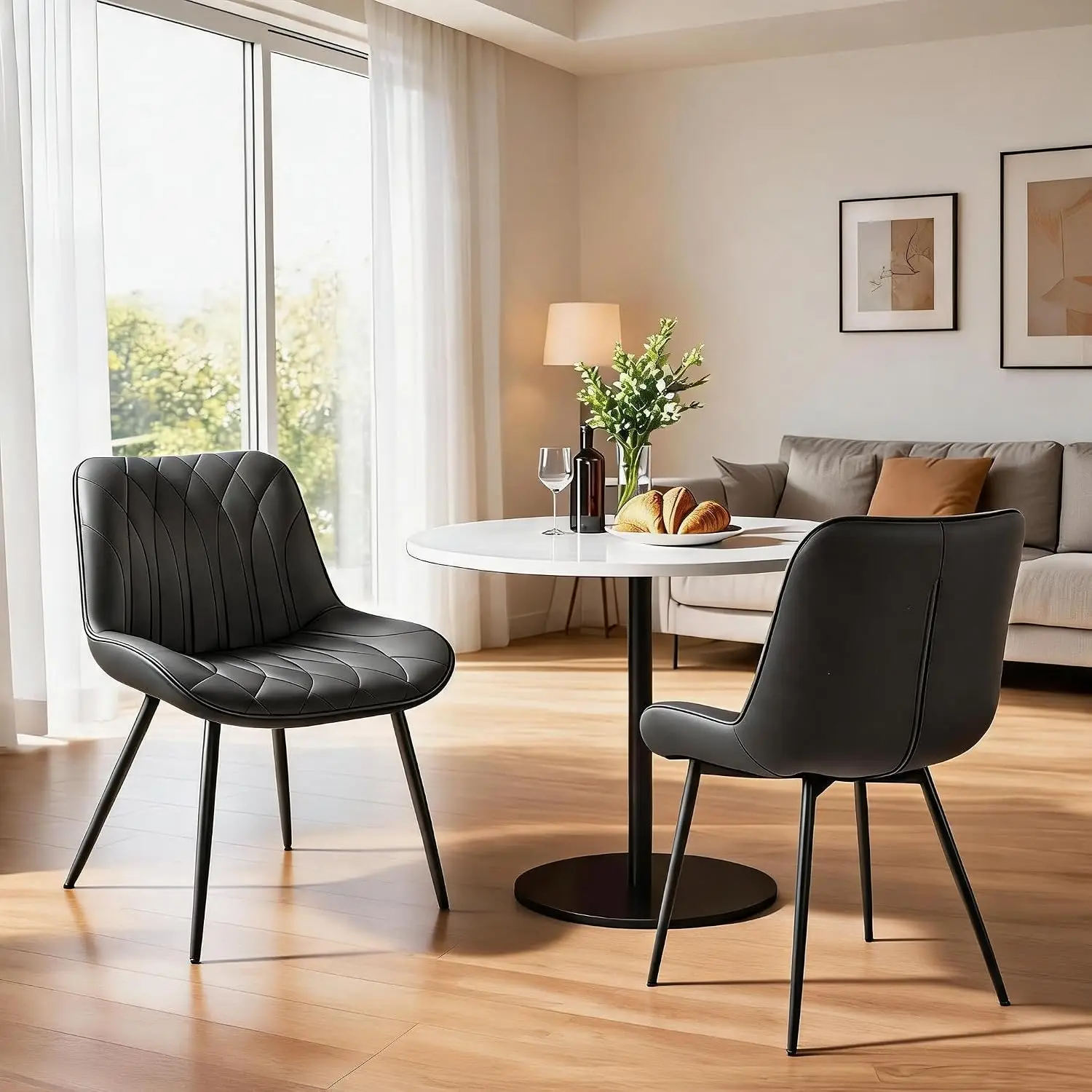 Dining Chairs Set of 2, Modern Upholstered Faux Leather Kitchen Chairs With Curved Back, Thick Cushion And Metal Legs For Dining Room