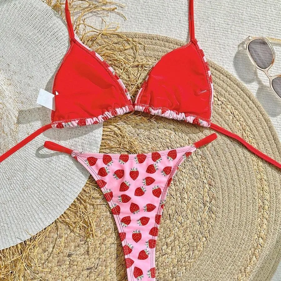 Strawberry Print Triangle Bikini Set Women Tie String Two Piece Cute Pink Fruit Pattern Bathing Suit Slim Summer Beach Vacation