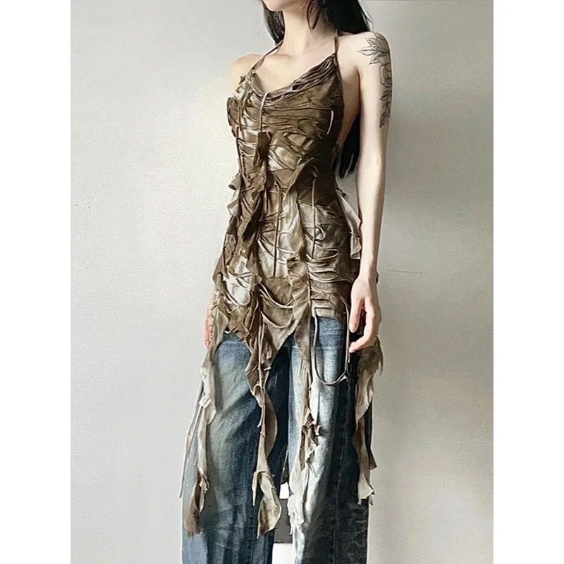 

Cyberpunk Vintage Y2k Camis Women Mall Gothic Grunge Dye-tie Hole Patchwork Tassel Tank Tops Aesthetic Sexy Rave Outfits ty'4