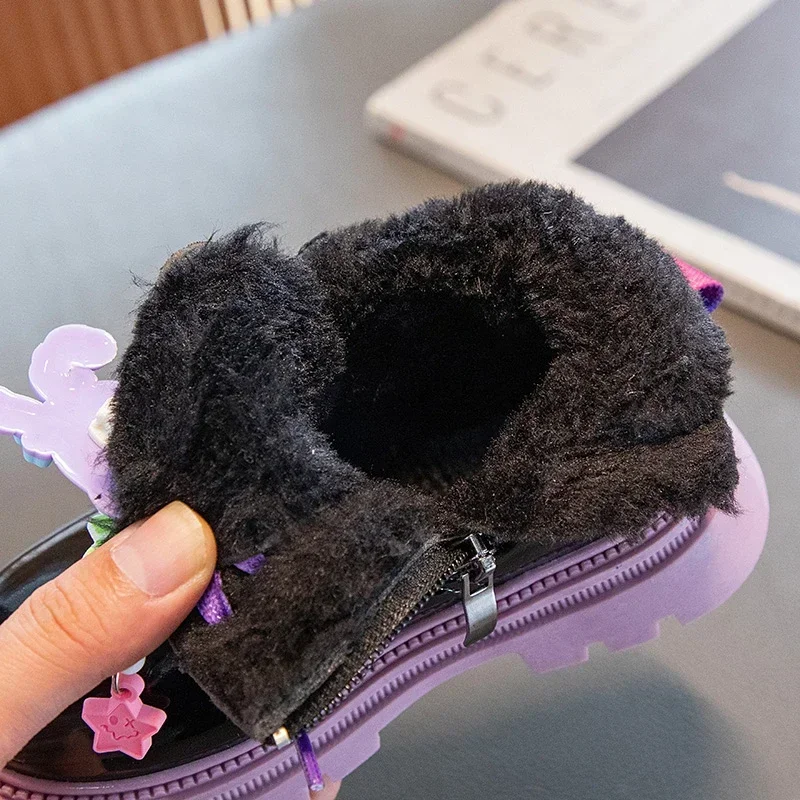 Cute Girls Boots Winter Children Plush Sneaker Kids High Top Shoes Black Cotton Warm Snow Short Boots for Girl 4 To 12 Years