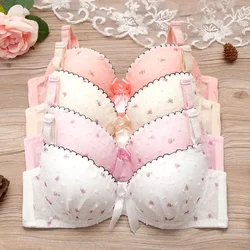 Puberty Women A B Cup Floral Print Underwire Bra Sweet Student Lace Bow Push Up Adjustable Small Bras Cotton Sexy Thin Underwear