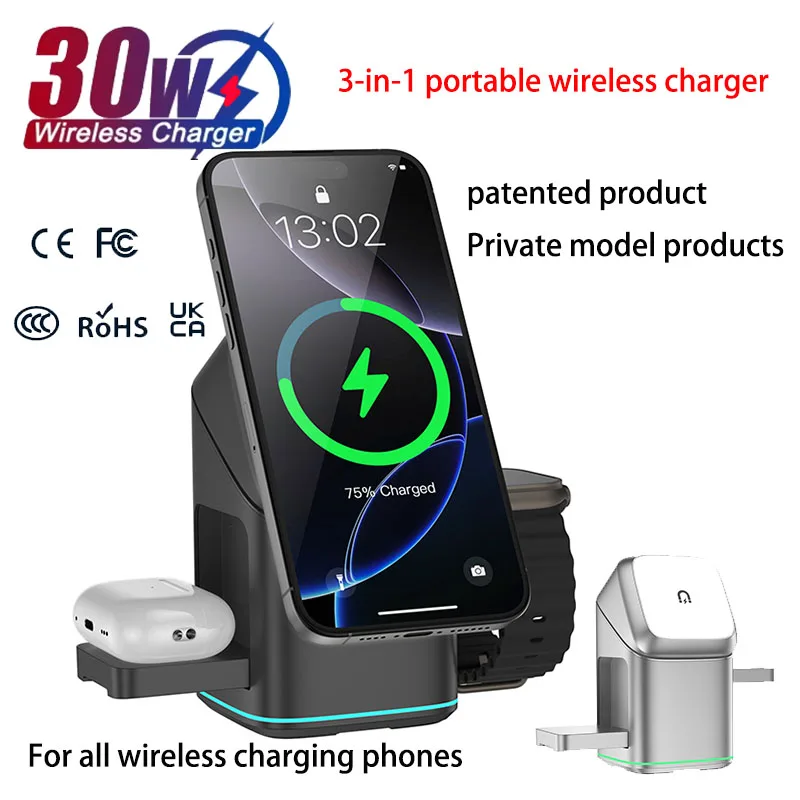 Qi 2 3 en 1 Magsafe botón táctil magnético cargador inalámbrico para iPhone iWatch Airpods carga rápida Android para Samsung Xiaomi