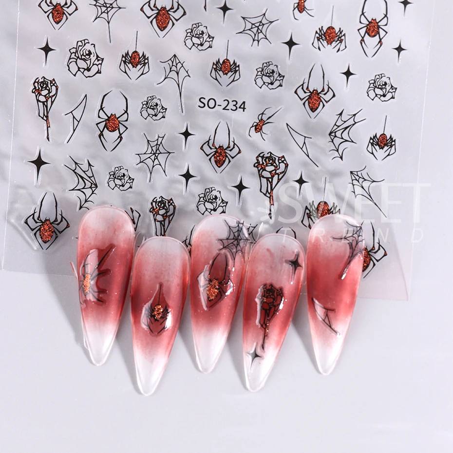 2pcs/set 3D Glitter Spider Web Nail Stickers Decals Red Silver Dark Black Rose Wild Y2K Star Halloween Design DIY Manicure Decor