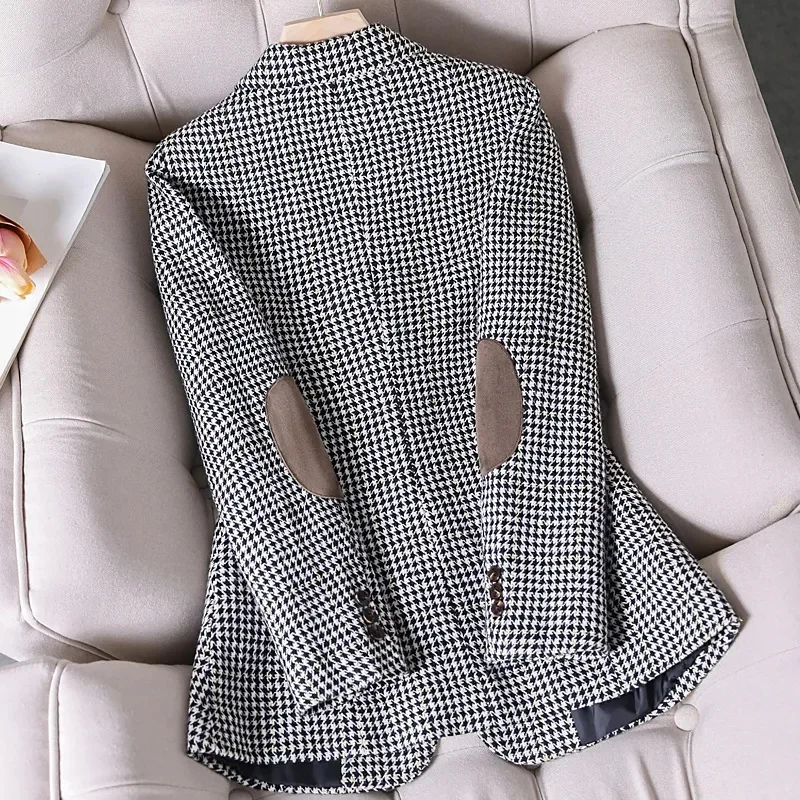 กาแฟลายสก๊อต Blazer ผู้หญิงอารมณ์ขนสัตว์แขนยาวใหม่แฟชั่น Slim Jacket สํานักงานสุภาพสตรีเสื้อทํางานเสื้อสีเทา