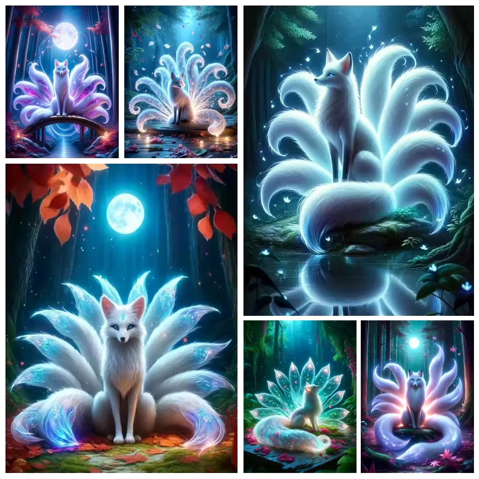 Diamond Art Painting Kits Cross Stitch White Nine-Tailed Fox 5D DIY Diamond Embroidery Animals Rhinestones Full Mosaic Decor