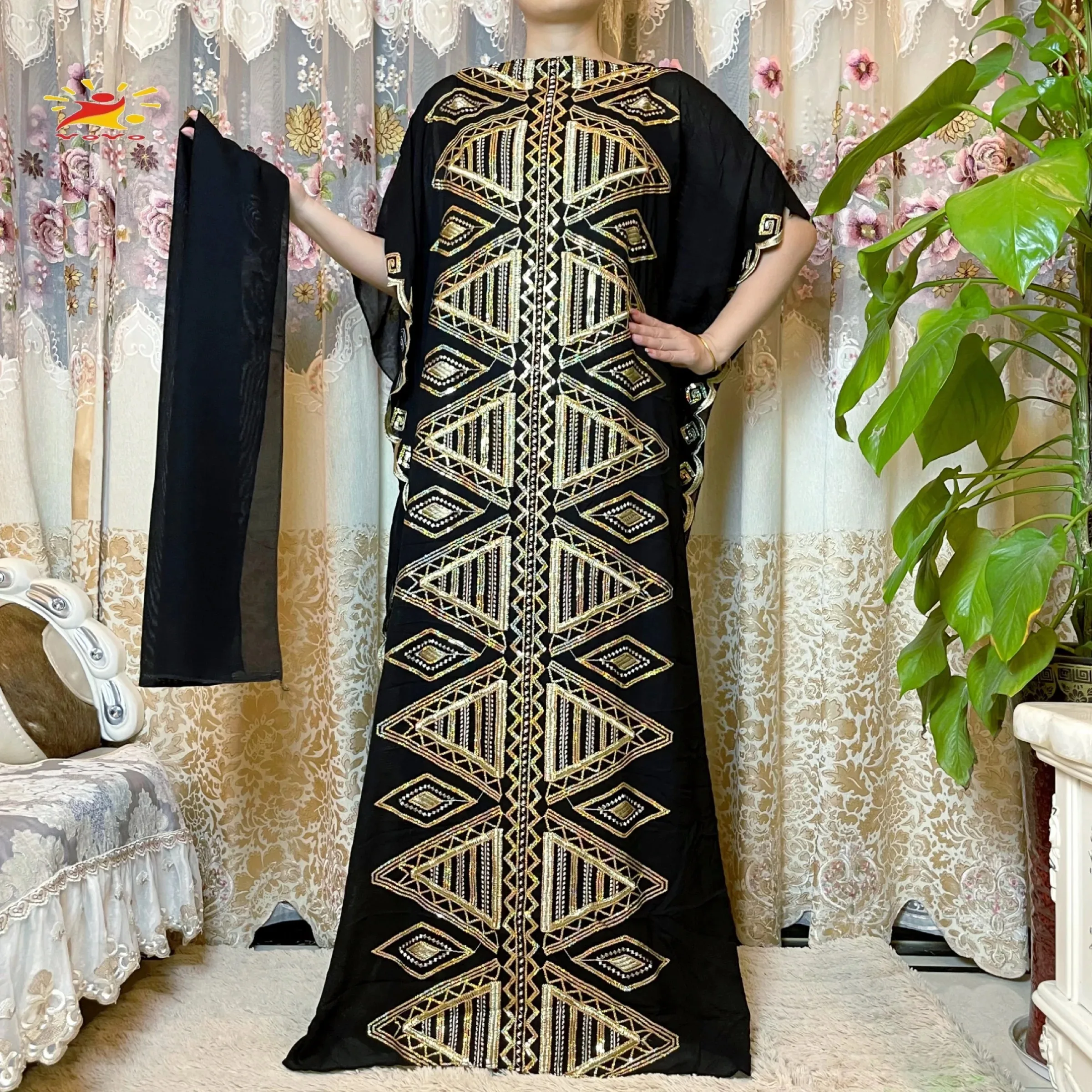 2021 New Arrival African Embroidery Flower Dresse With Scarf Big Size Women Muslim Sequin Embroidery Long Black Lady Clothes