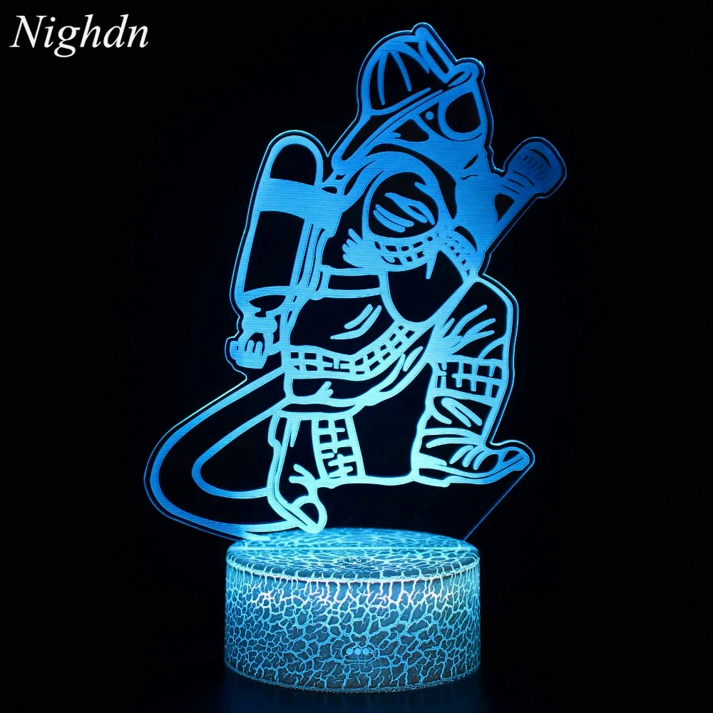 Firemen 3D Illusion Night Light Touch Table Desk Lamp 7 Colors Optical USB LED Night Lamp for Kids Room Decor Firefighter Gifts