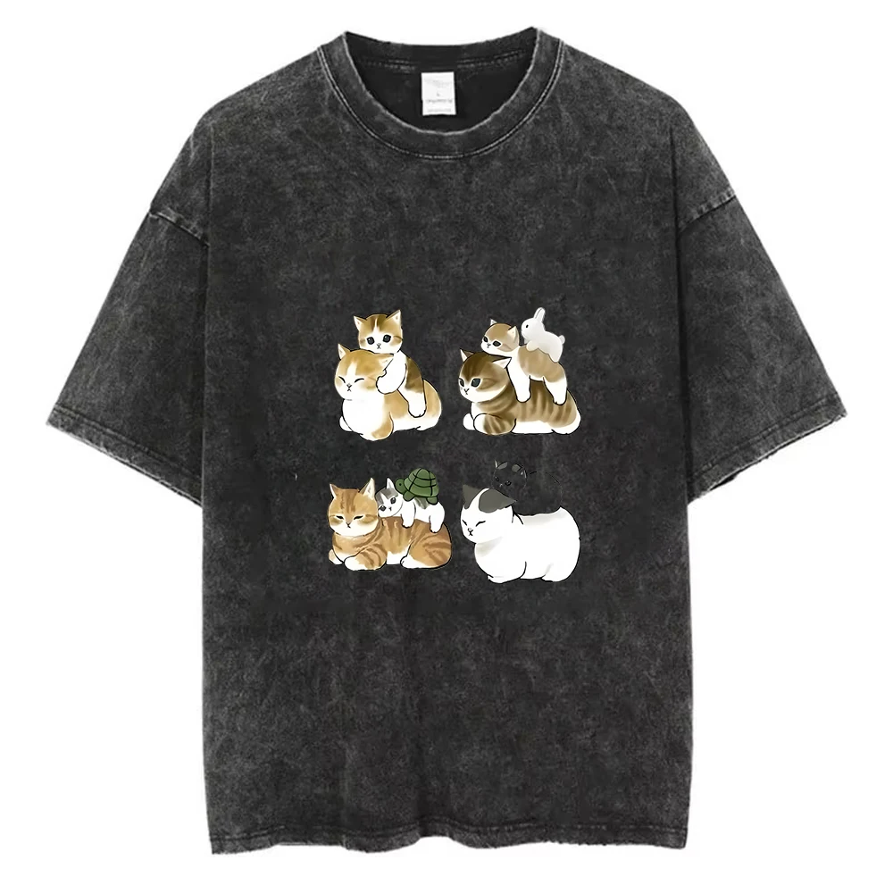Vintage Washed T-Shirt mit süßem Katzenmotiv, Y2K Ästhetik Streetwear, Unisex Oversized Sommer Baumwoll-Cartoon-Kätzchen-T-Shirt Kleidung