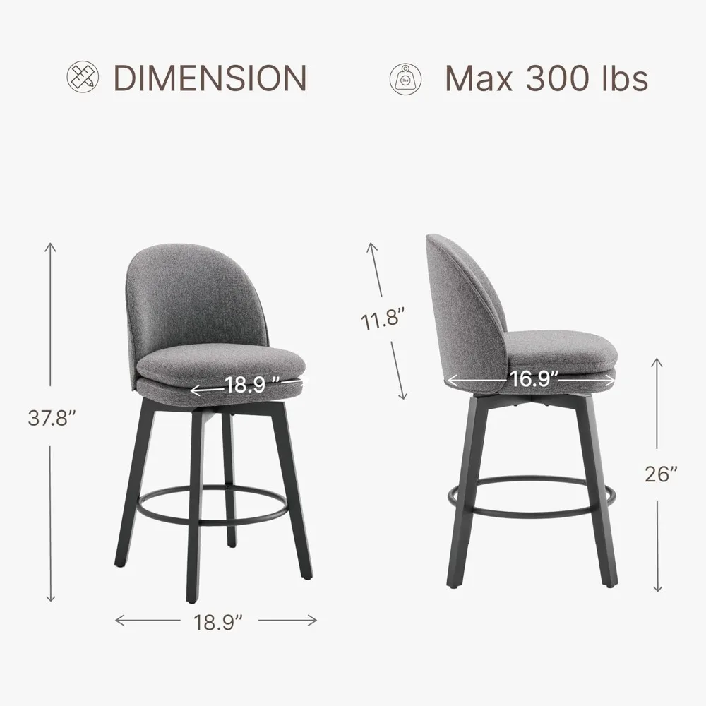 Барные стулья высотой, 26-дюймовые мягкие поворотные барные стулья со спинкой для кухонного острова, набор из 4 шт., темно-серая ткань без подлокотников