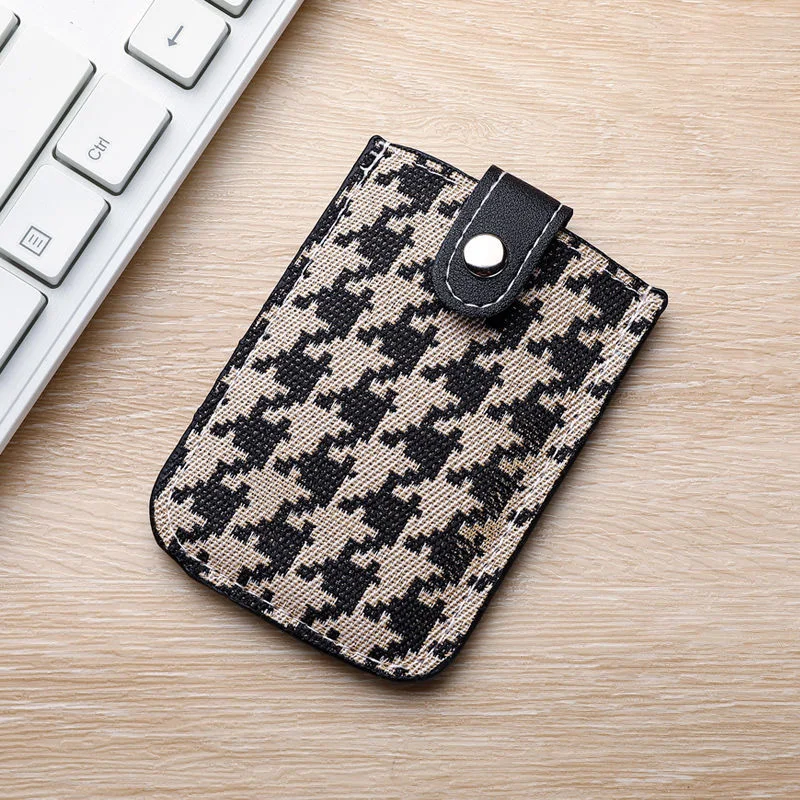 Vintage Houndstooth PU Leather Snap Button Card Holder Wallet