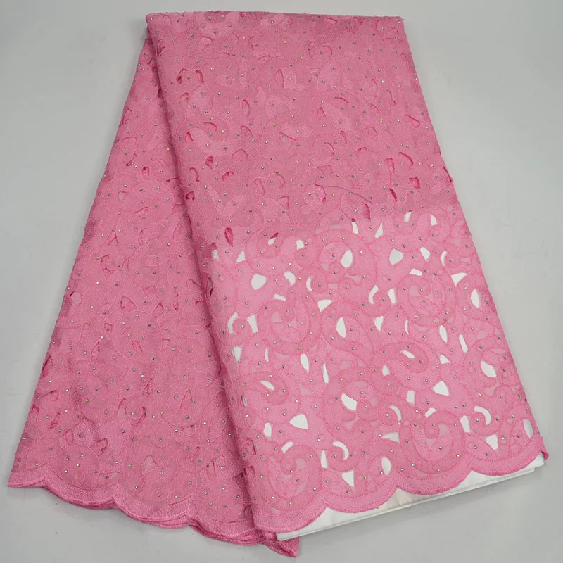 

(5yards/pc) high quality hand cut Swiss voile lace pink African cotton lace fabric with stones for party dress OP43